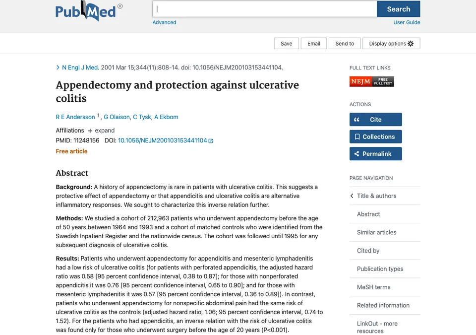 Appendectomy and protection against ulcerative colitis