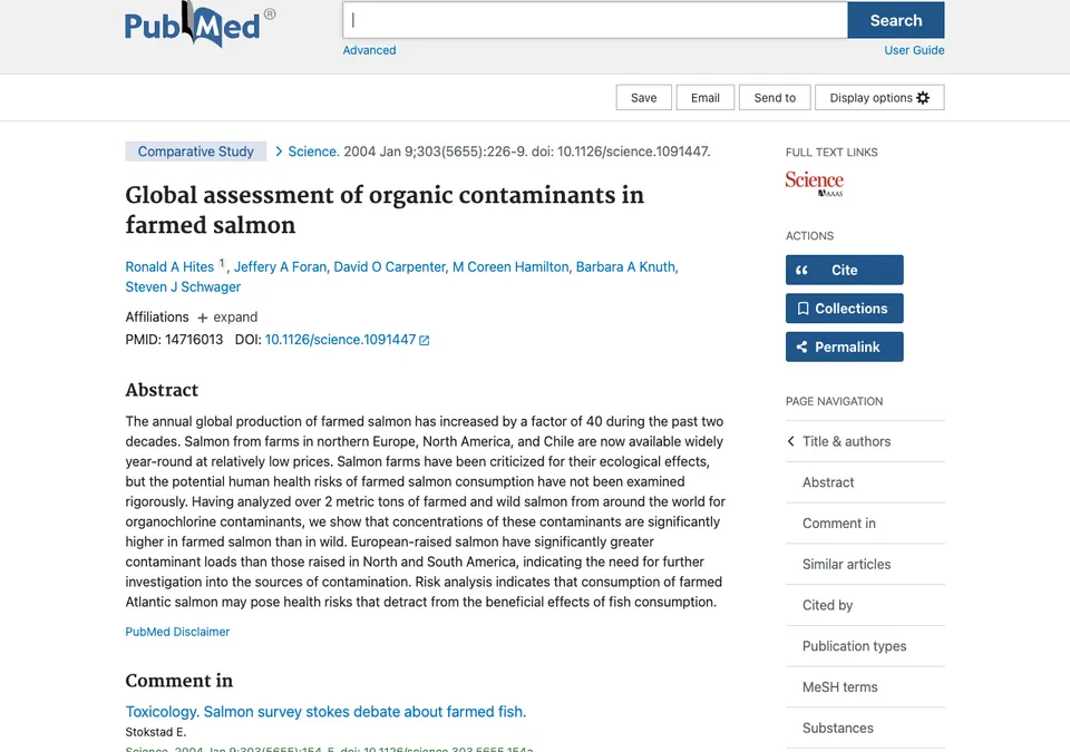 Global assessment of organic contaminants in farmed salmon
