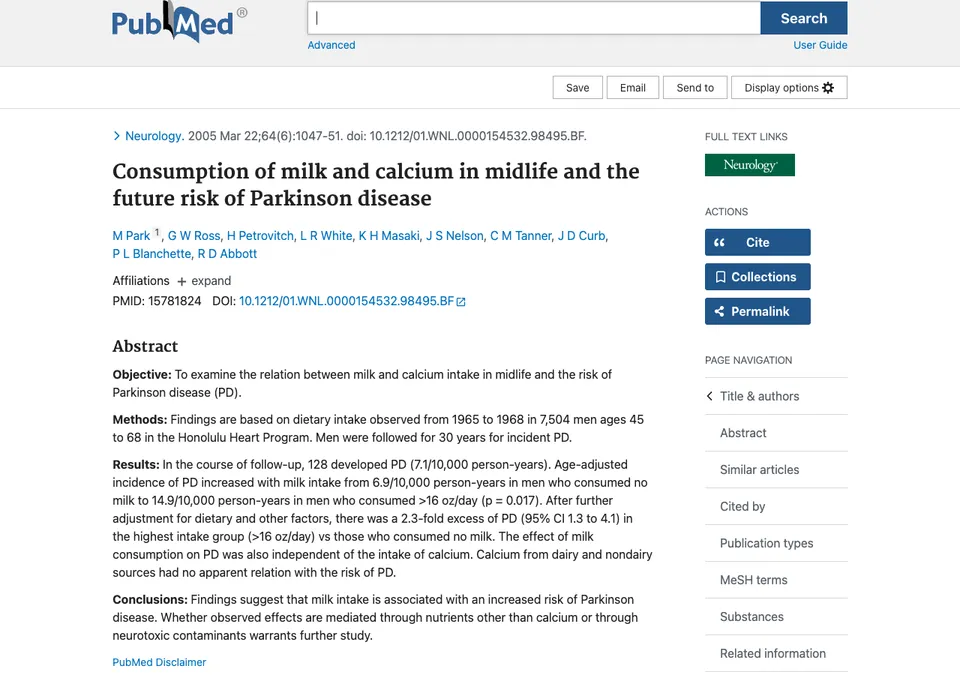 Consumption of milk and calcium in midlife and the future risk of Parkinson disease