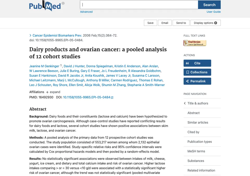Dairy products and ovarian cancer: a pooled analysis of 12 cohort studies