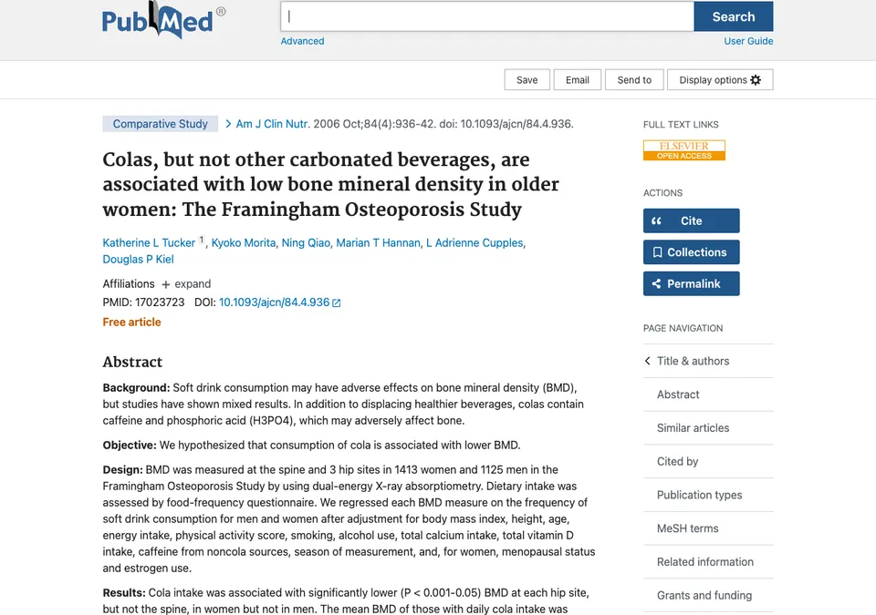 Colas, but not other carbonated beverages, are associated with low bone mineral density in older women: The Framingham Osteoporosis Study