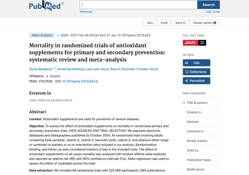 Mortality in randomized trials of antioxidant supplements for primary and secondary prevention: systematic review and meta-analysis