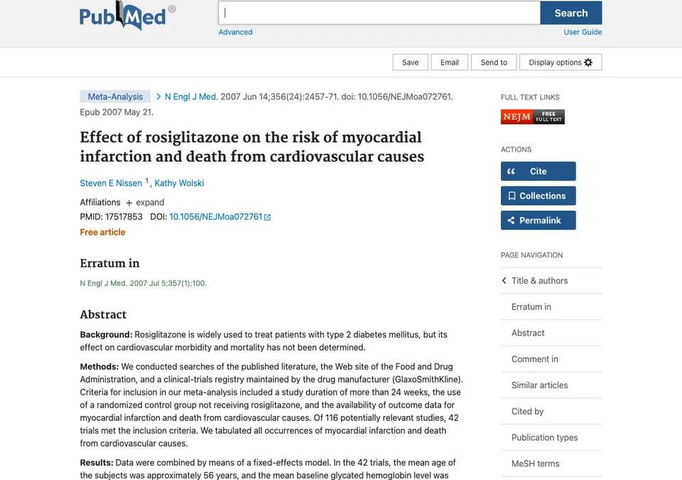 Effect of rosiglitazone on the risk of myocardial infarction and death from cardiovascular causes