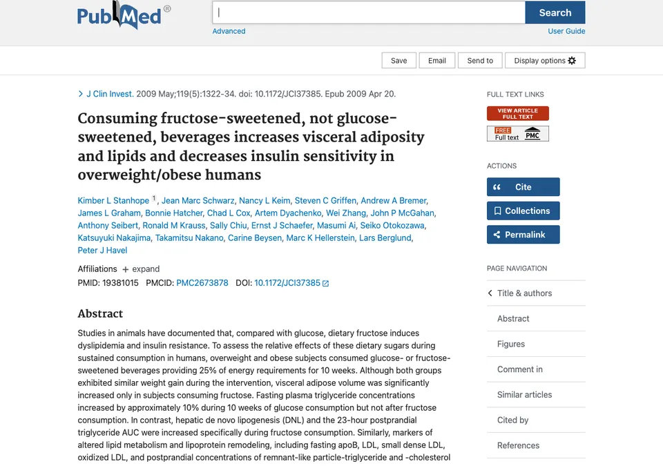 Consuming fructose-sweetened, not glucose-sweetened, beverages increases visceral adiposity and lipids and decreases insulin sensitivity in overweight/obese humans