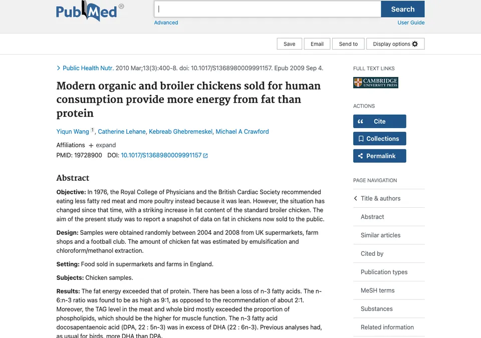 Modern organic and broiler chickens sold for human consumption provide more energy from fat than protein