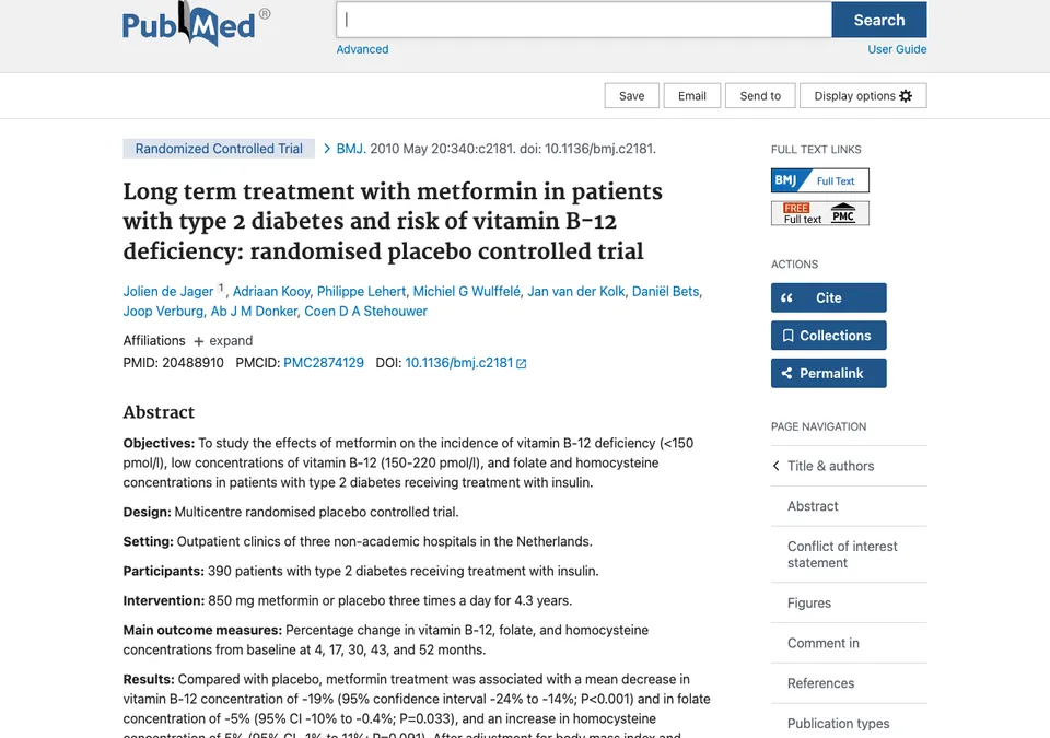 Long term treatment with metformin in patients with type 2 diabetes and risk of vitamin B-12 deficiency: randomised placebo controlled trial