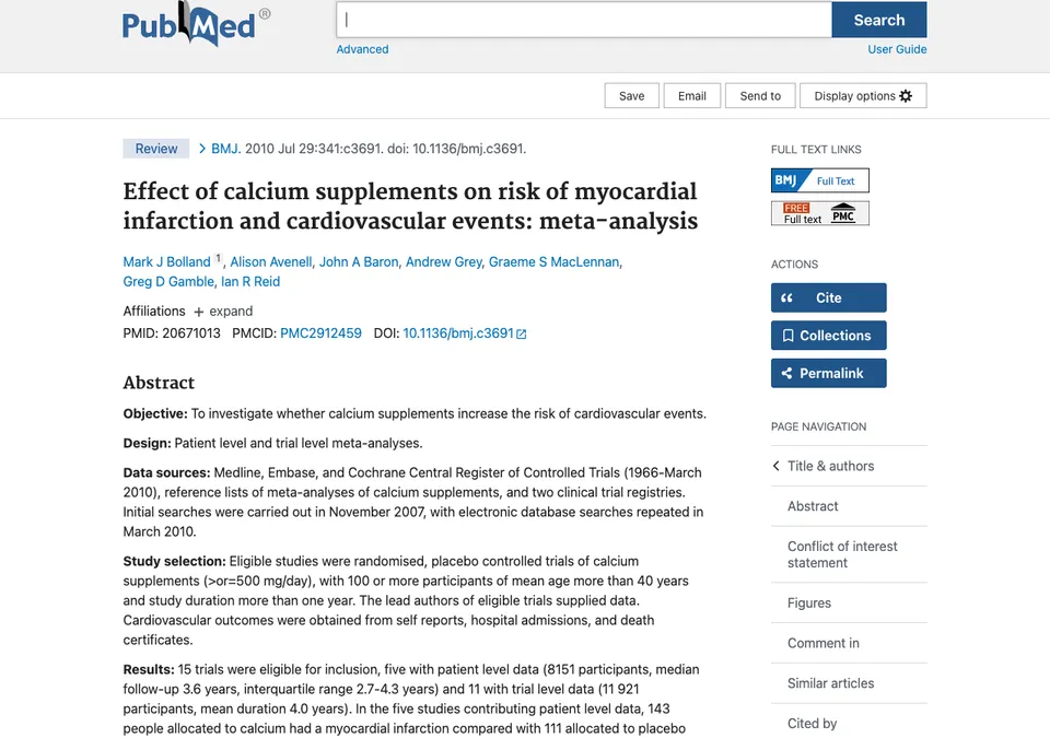 Effect of calcium supplements on risk of myocardial infarction and cardiovascular events: meta-analysis