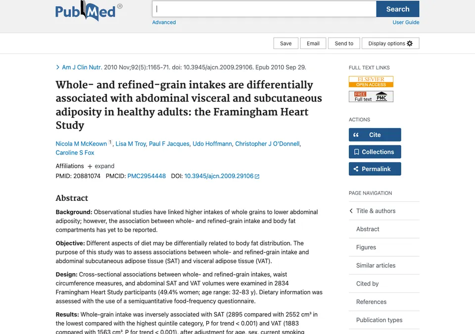 Whole- and refined-grain intakes are differentially associated with abdominal visceral and subcutaneous adiposity in healthy adults: the Framingham Heart Study