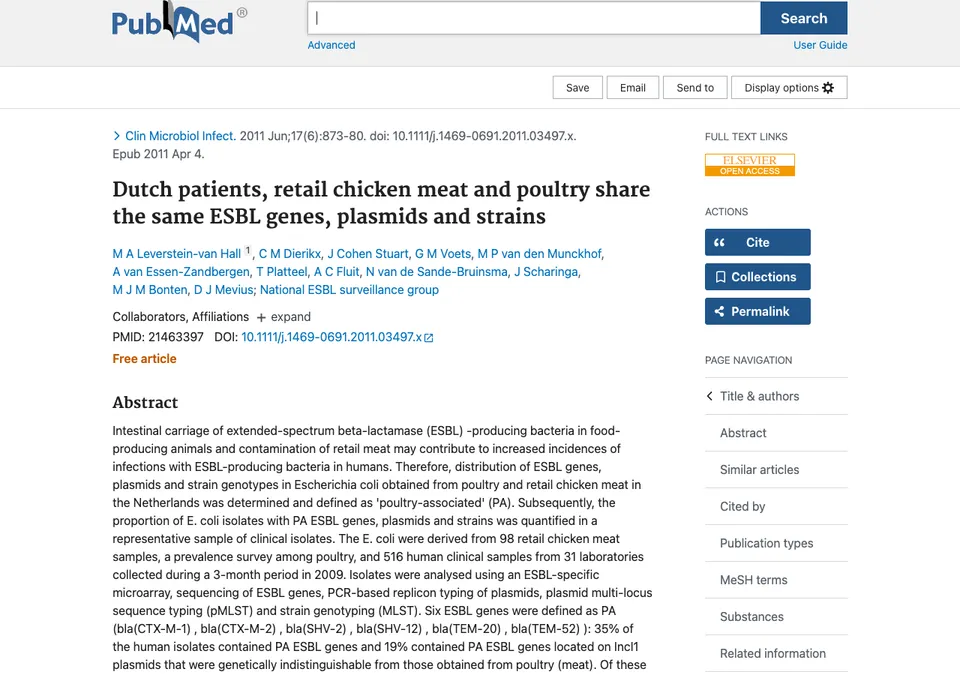 Dutch patients, retail chicken meat and poultry share the same ESBL genes, plasmids and strains