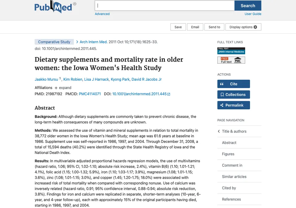 Dietary supplements and mortality rate in older women: the Iowa Women's Health Study