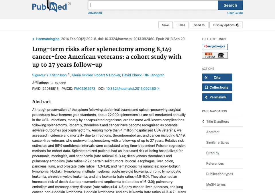 Long-term risks after splenectomy among 8,149 cancer-free American veterans: a cohort study with up to 27 years follow-up