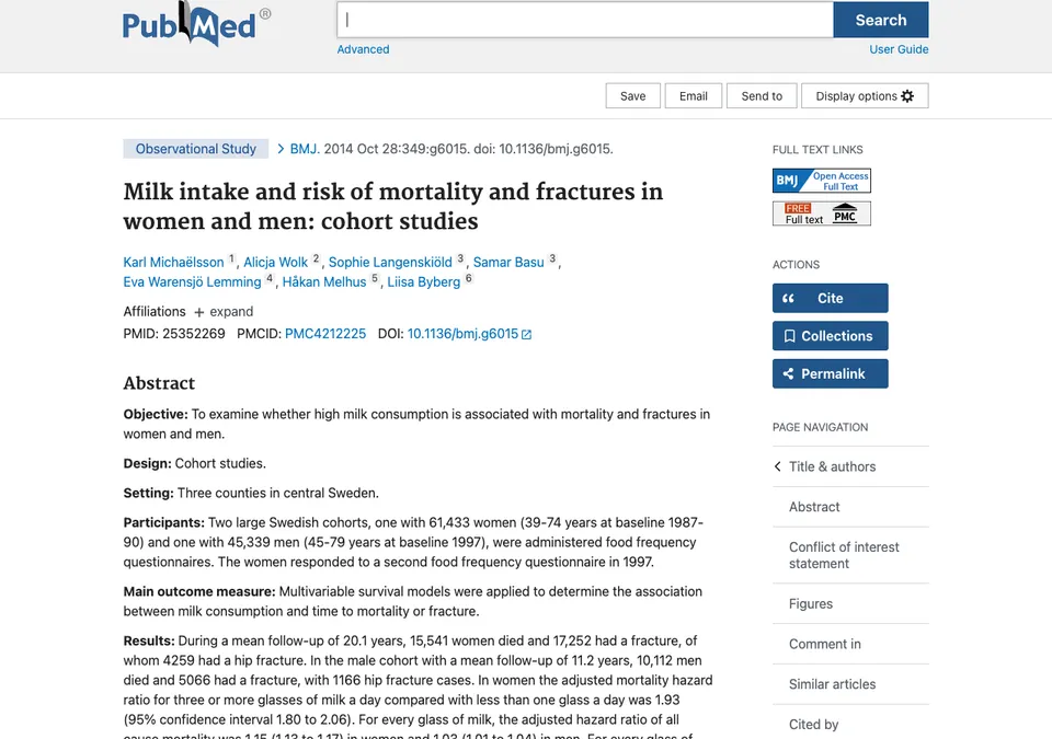 Milk intake and risk of mortality and fractures in women and men: cohort studies