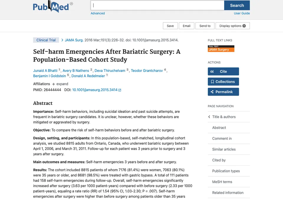 Self-harm emergencies after bariatric surgery: a population-based cohort study