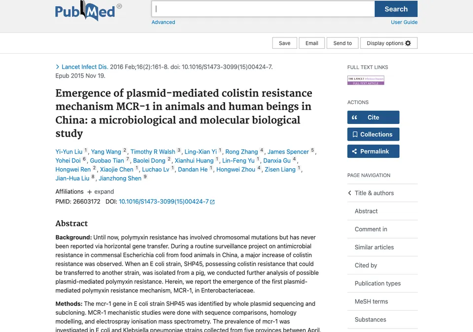 Emergence of plasmid-mediated colistin resistance mechanism MCR-1 in animals and human beings in China: a microbiological and molecular biological study