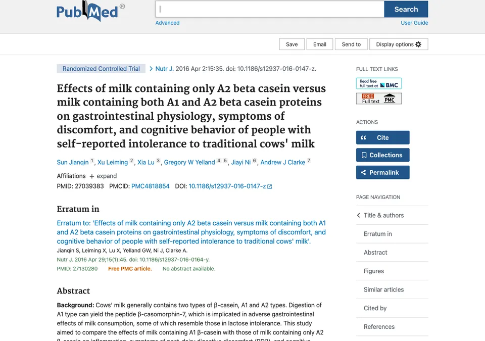 Effects of milk containing only A2 beta casein versus milk containing both A1 and A2 beta casein proteins on gastrointestinal physiology, symptoms of discomfort, and cognitive behavior of people with self-reported intolerance to traditional cows' milk
