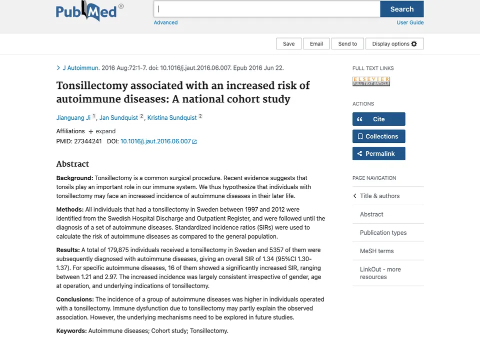 Tonsillectomy associated with an increased risk of autoimmune diseases: A national cohort study