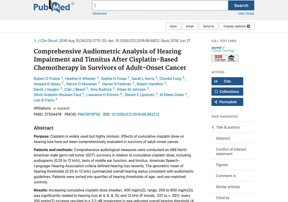 Comprehensive Audiometric Analysis of Hearing Impairment and Tinnitus After Cisplatin-Based Chemotherapy in Survivors of Adult-Onset Cancer