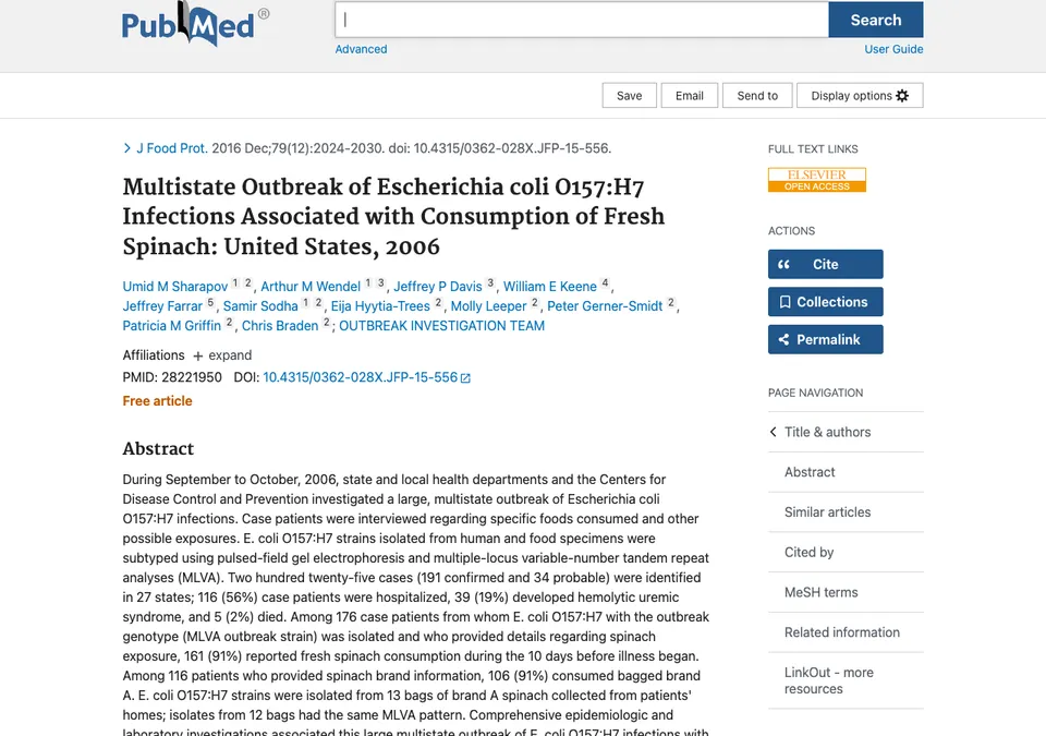 Multistate Outbreak of Escherichia coli O157:H7 Infections Associated with Consumption of Fresh Spinach: United States, 2006