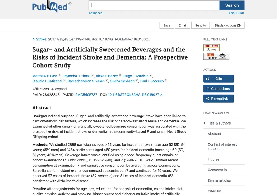 Sugar- and Artificially Sweetened Beverages and the Risks of Incident Stroke and Dementia: A Prospective Cohort Study