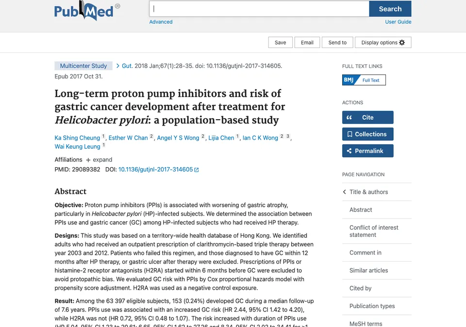 Long-term proton pump inhibitors and risk of gastric cancer development after treatment for Helicobacter pylori: a population-based study
