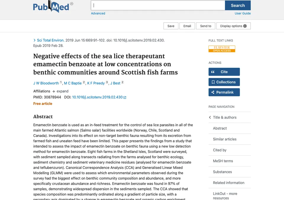 Negative effects of the sea lice therapeutant emamectin benzoate at low concentrations on benthic communities around Scottish fish farms