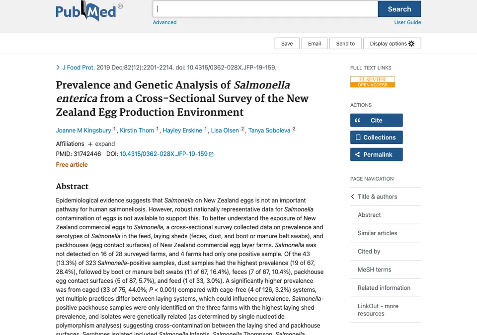 Prevalence and Genetic Analysis of Salmonella enterica from a Cross-Sectional Survey of the New Zealand Egg Production Environment