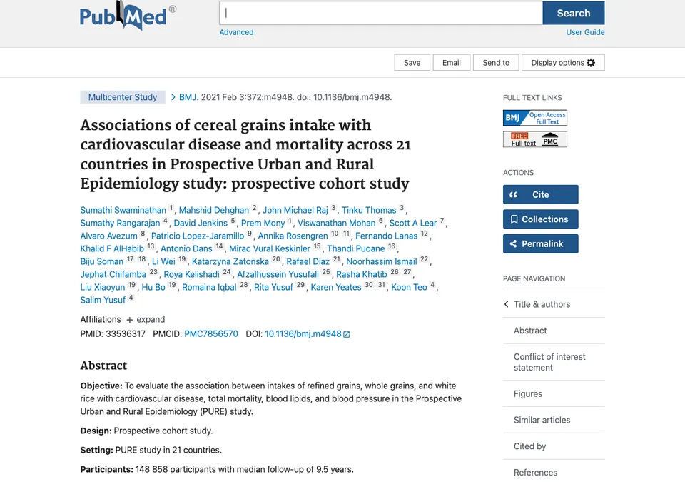 Associations of cereal grains intake with cardiovascular disease and mortality across 21 countries in Prospective Urban and Rural Epidemiology study: prospective cohort study
