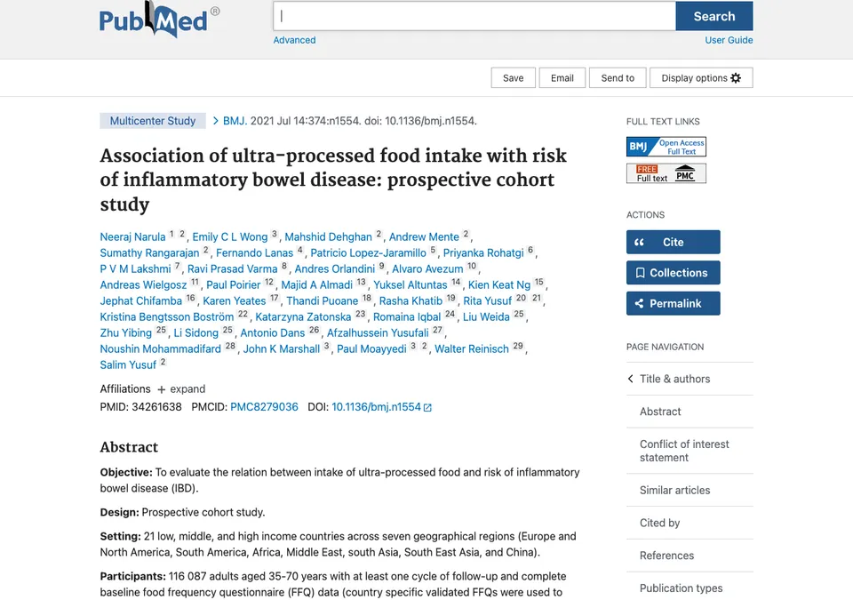 Association of ultra-processed food intake with risk of inflammatory bowel disease: prospective cohort study