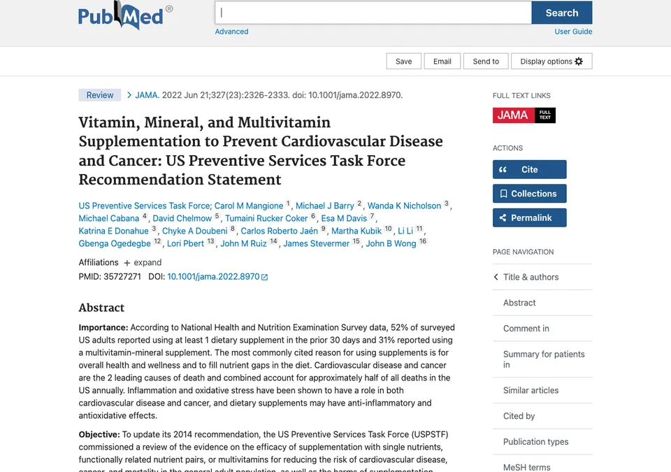 Vitamin, Mineral, and Multivitamin Supplementation to Prevent Cardiovascular Disease and Cancer: US Preventive Services Task Force Recommendation Statement
