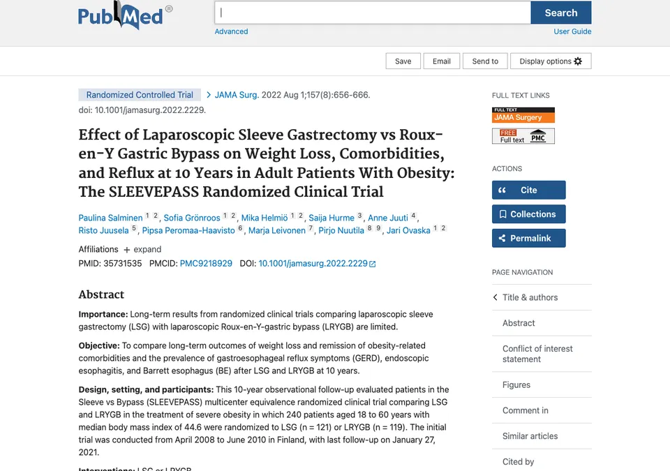 Effect of laparoscopic sleeve gastrectomy vs Roux-en-Y gastric bypass on weight loss, comorbidities, and reflux at 10 years in adult patients with obesity: the SLEEVEPASS randomized clinical trial