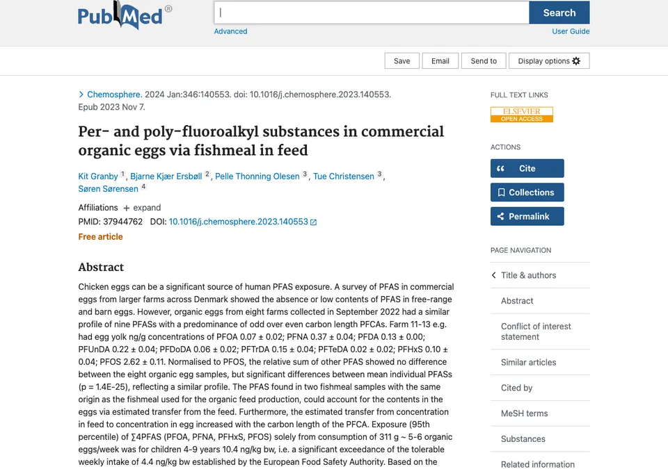 Per- and poly-fluoroalkyl substances in commercial organic eggs via fishmeal in feed