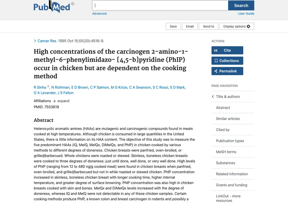 High concentrations of the carcinogen 2-amino-1-methyl-6-phenylimidazo-[4,5-b]pyridine (PhIP) occur in chicken but are dependent on the cooking method