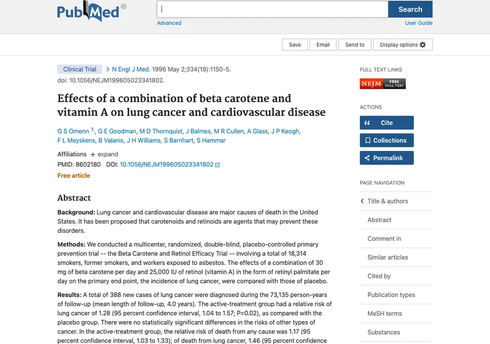 Effects of a combination of beta carotene and vitamin A on lung cancer and cardiovascular disease